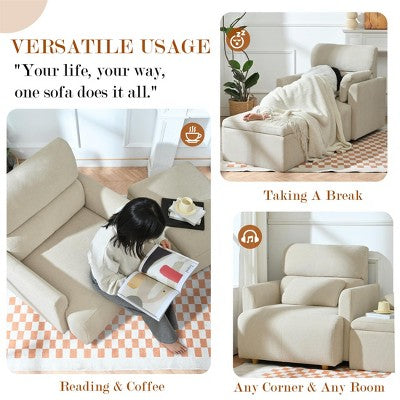 ModernLuxe Upholstered Chaise Lounge with Storage Ottoman, Wide Accent Chair Armchair Lazy Single Sofa Reading Couch Chair, Gray/Beige
