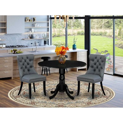 3-Piece Black Finish Solid Wood Top-Round Upholstered Dining Room Set -Seats 4