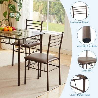 VECELO 5 Piece Dining Table Set with Glass Top Table & 4 Upholstered Chairs, Kitchen Rectangular Table Set Brown/Black