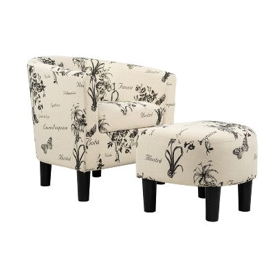 GDFStudio Everett Vintage Script Pattern Fabric Upholstered Barrel Back Accent Lounge Chair with Ottoman