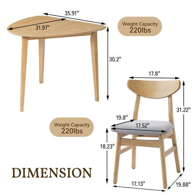 3-Piece Modern Dining Table Set, Triangular Side Table & 2 Curved Wood Chairs for Small Living Room Kitchen Studio - ModernLuxe