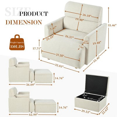 ModernLuxe Upholstered Chaise Lounge with Storage Ottoman, Wide Accent Chair Armchair Lazy Single Sofa Reading Couch Chair, Gray/Beige