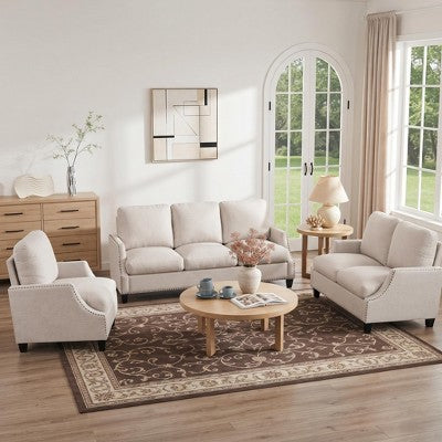 GDFStudio Cordoba Modern 3 Piece Upholstered Sofa Set with Nailhead Trim