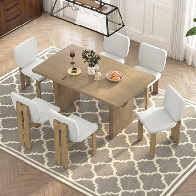 7-Piece Retro Dining Set, 1 Rectangular Table with Designed Trestle Base and 6 Upholstered Chairs - ModernLuxe