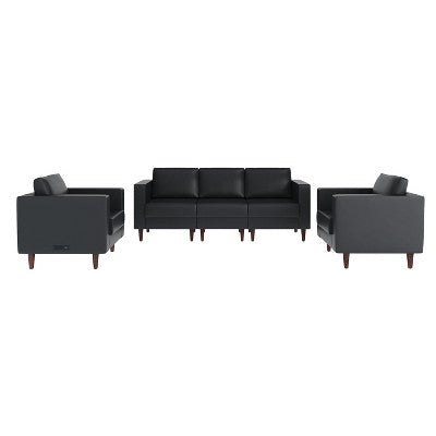 Flash Furniture HERCULES Artemis 3 Piece Upholstered Reception Set, 8 AC Outlets/4 USB/4 USB-C Ports and Wood Walnut Legs with Adjustable Floor Glides