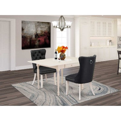 HomeStock 3-Pc Linen White Finish Rectangular Solid Wood Top with Dropleaf Dining Table Set
