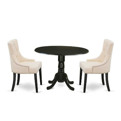 HomeStock 3-Piece Round Black Finish Solid Wood Top Dining Table with 2-Parson Chairs with Drop Leaf