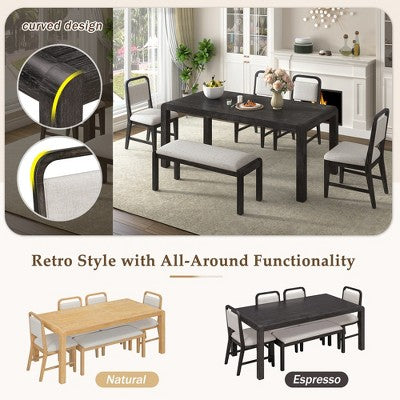 6-Piece Extendable Dining Set with 4 Upholstered Chairs & Bench, 60-72 Mid-Century Modern Kitchen Table with Curved Legs - ModernLuxe