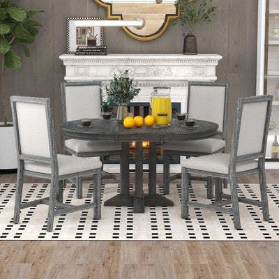 GDFStudio Salome 5 Piece Dining Set with Extendable Round Table and Upholstered Chairs