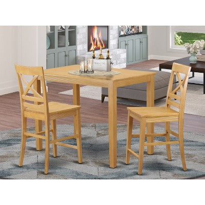 HomeStock 3-Piece Natural Brown Oak Finish Solid Wood Top Counter Height Dining Table Set