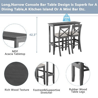 GDFStudio Varo Farmhouse Rectangular Acacia Wood Bar Height Dining Set with Upholstered Chairs