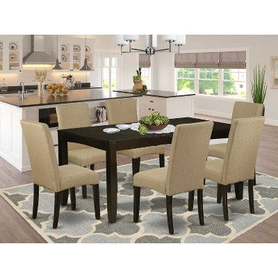 Baroque Beauty Dining Set - 6Pc Rectangular Table & Chairs - Cappuccino Finish - Linen Fabric - Brown