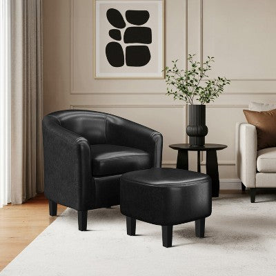 Yaheetech Faux Leather Accent Arm Chair Barrel Chair with Ottoman for Living Room