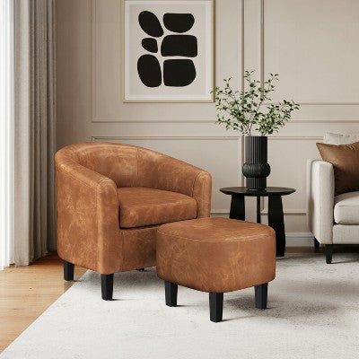 Yaheetech Faux Leather Accent Arm Chair Barrel Chair with Ottoman for Living Room