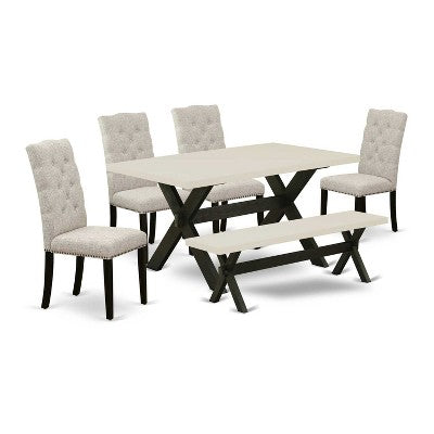 HomeStock 6-Pc Rectangle Natural Oak Finish Solid Wood Top Dining Table with 1-Bench, 4-Chairs