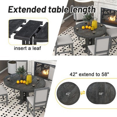 GDFStudio Salome 5 Piece Dining Set with Extendable Round Table and Upholstered Chairs