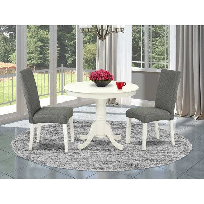 Round Dining Table Set 36 Inch - 3Pc Table & 2 Parsons Chairs - Linen White Legs - Gray Fabric