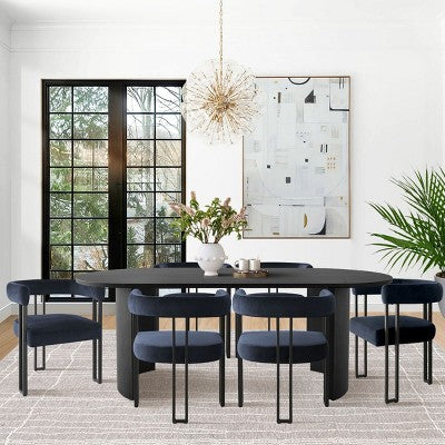 7-Piece Dining Table Set with Velvet Chairs, Modern Oval Black Table & Upholstered Armchairs with Metal Legs for Dining Room-Panipeachy