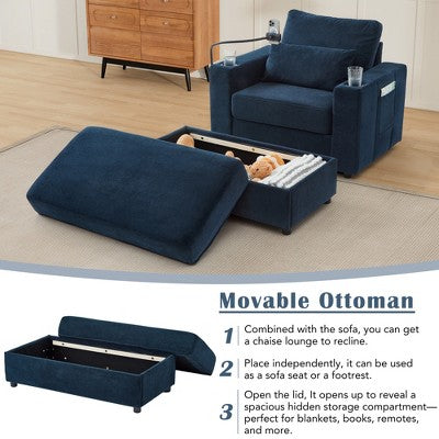 GDFStudio Roy Modern 42.5 Armchair Chaise Lounge Sofa with Movable Storage Ottoman and USB Ports