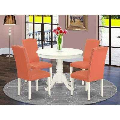 Round Dining Set 5pc - 36 Table & 4 Chairs - Pink Flamingo Linen White - Modern Kitchen Set