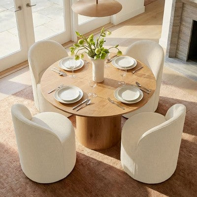 Dining Table Set for 4, Modern Barrel Chair with Wheels and Chenille Upholstery, Round Pedestal Table for Small-Dining Areas-Panipeachy