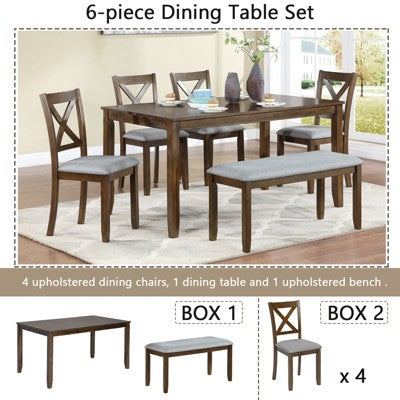 GDFStudio Callan Farmhouse Wood Upholstered 6 Piece Dining Set with Bench