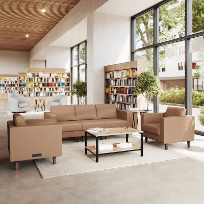 Flash Furniture HERCULES Artemis 3 Piece Upholstered Reception Set, 8 AC Outlets/4 USB/4 USB-C Ports and Wood Walnut Legs with Adjustable Floor Glides