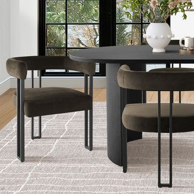 7-Piece Dining Table Set with Velvet Chairs, Modern Oval Black Table & Upholstered Armchairs with Metal Legs for Dining Room-Panipeachy