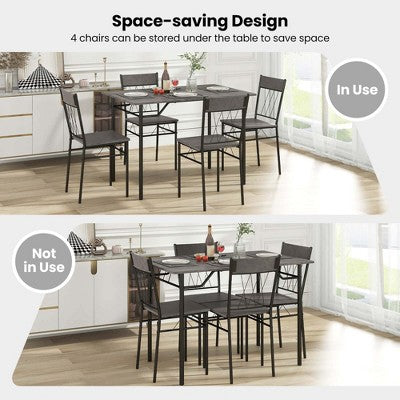 Costway 5PCS Dining Table Set for 4 Rectangular Kitchen Table & 4 Chairs with Metal Frame Cement Gray/Black