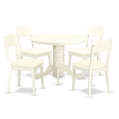 HomeStock 5-Piece Round Linen White Finish Solid Wood Top Dining Table with 4 Chairs