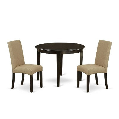 Round Dining Table Set 3pc - 42 Table & 2 Parsons Chairs - Linen Fabric - Cappuccino Finish