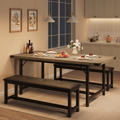Dining Table Set for 4-6, Large Extendable Wooden Kitchen Table Set for 6, Rectangle Kitchen Table Set with 2 Upholstered Benches