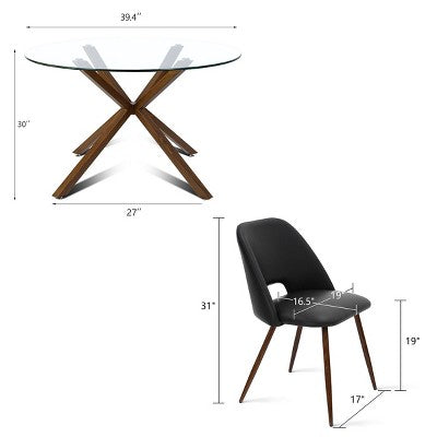 5-Piece Round Glass Dining Table Set with Faux Leather Chairs, Modern Kitchen Table Set with Walnut Legs for 4-Panipeachy