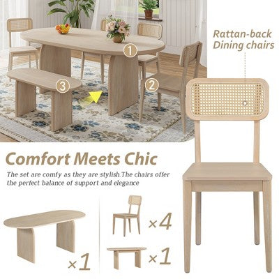 GDFStudio Tom 6 Piece Solid Wood and PE Rattan Dining Set with 71 Double Pedestal Table