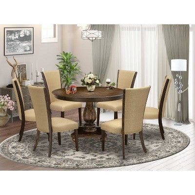 HomeStock 7-Piece Distressed Jacobean Finish Solid Wood Top Dining Table with 6 Parson Chairs
