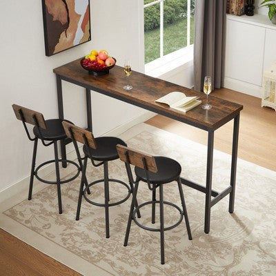 Industrial 4PCS Long Bar Table Set with 3 PU Upholstered Bar Stools, 4L -ModernLuxe