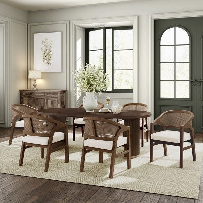 Christopher Knight Home Ilumia Rustic 7 Piece Rattan Rubberwood Upholstered Dining Chairs with Double Pedestal Oval Table