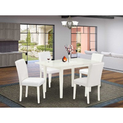 HomeStock 5-Pc Linen White Finish Solid Wood Top-Rectangular Upholstered Dining Room Set with Butterfly Leaf-Seats 4