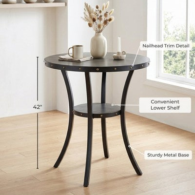 Biony 3-Piece 36 Round Espresso Finish Bar Table with 2 Gray Fabric Nail Head Pub Chairs