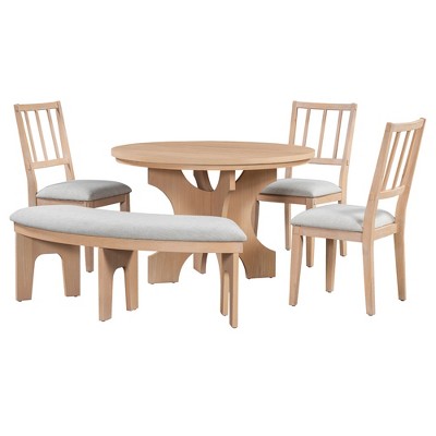 5-piece Rustic Charm Round Dining Set with 3 Upholstered Chairs and Curved Bench for Dining Room, Kitchen and Living room-ModernLuxe