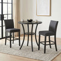 Biony 3-Piece 36 Round Espresso Finish Bar Table with 2 Gray Fabric Nail Head Pub Chairs