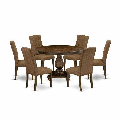 HomeStock 7-Piece Distressed Jacobean Finish Solid Wood Top Dining Table with 6 Parson Chairs