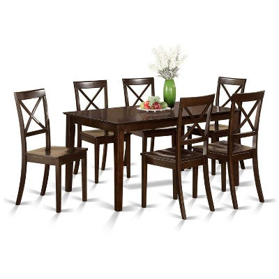 HomeStock 7-Piece Rectangle Cappuccino Finish Solid Wood Top Dining Table with 6 Cross-Back Wood Seat Dining Chairs, Seats 6
