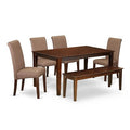 HomeStock 6-Piece Rectangle Mahogany Finish Solid Wood Top Dining Table with 1 Bench, 4 Chairs