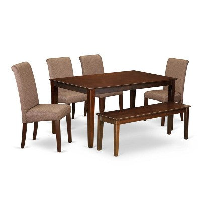 HomeStock 6-Piece Rectangle Mahogany Finish Solid Wood Top Dining Table with 1 Bench, 4 Chairs