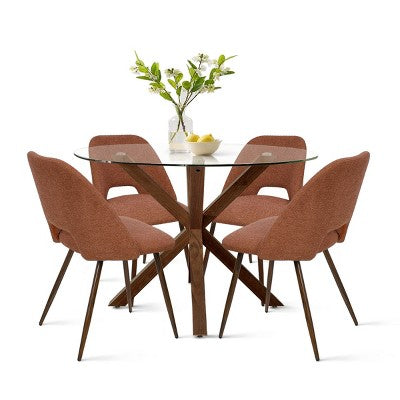 5-Piece Round Glass Dining Table Set with Upholstered Fabric Chairs, Modern Kitchen & Dining Room Furniture with Walnut Legs-Panipeachy