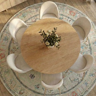 Japandi Round Dining Table Set For 6, Cross Base Pedestal Table With Upholstered Dining Chairs, Rustic Farmhouse 7-Piece Dining Set-Panipeachy