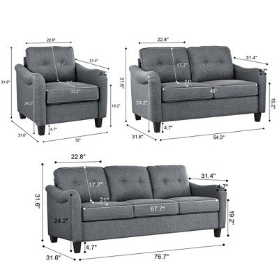 GDFStudio McLarnan Contemporary 3 Piece Fabric Tufted Sofa Set