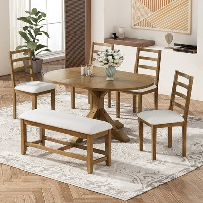 GDFStudio Zayd 6 Piece Dining Set with Extendable Pedestal Table, Ladder Back Chairs and Bench