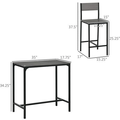 3 Piece Bar Table and Chairs, Industrial Dining Table Set for 2, Counter Height Kitchen Table with Bar stools, Breakfast Table Set for 2